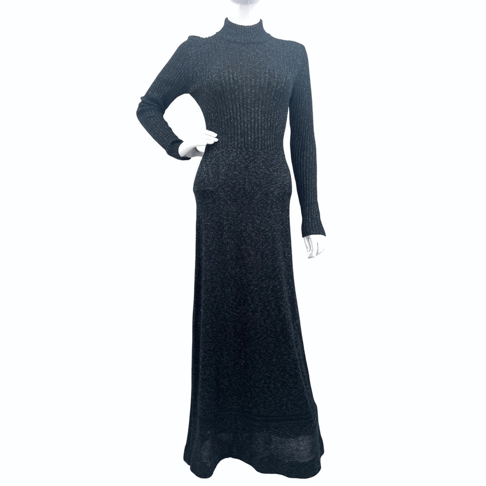 Vintage 70s Black Metallic Mock Neck Maxi Sweater Dress Morticia Addams Gothic